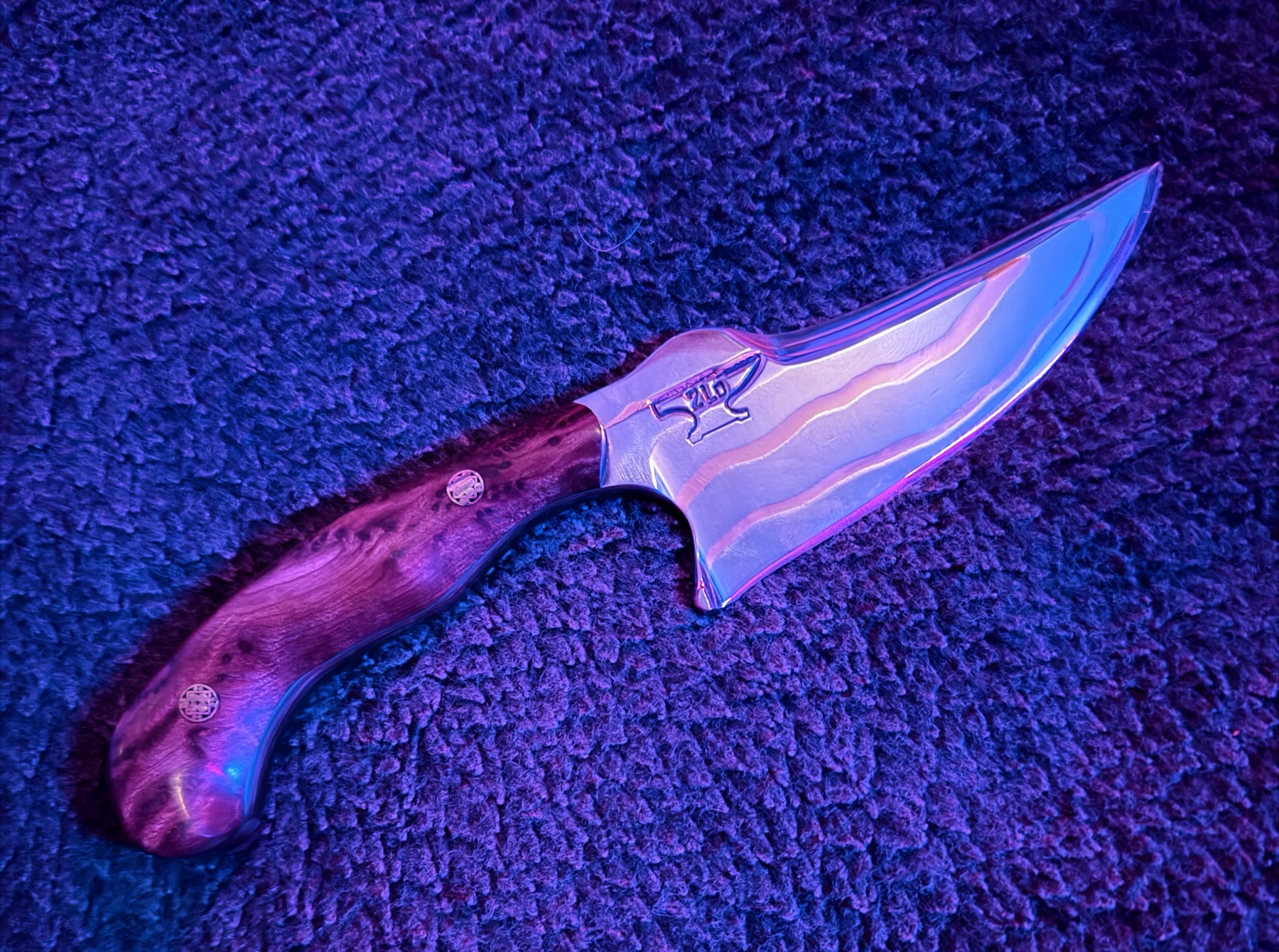 Copper-inlay Tulos knife with a polished blade and curved burl wood handle